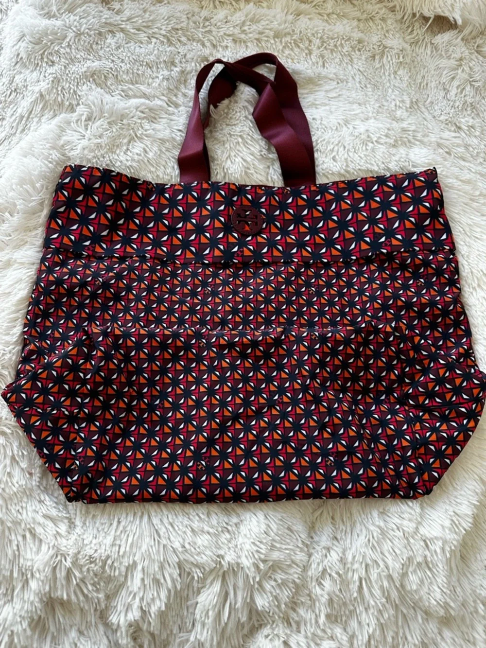 TORY BURCH Burgundy Red Black Printed Nylon Tote Bag Logo Travel Shopper NWT